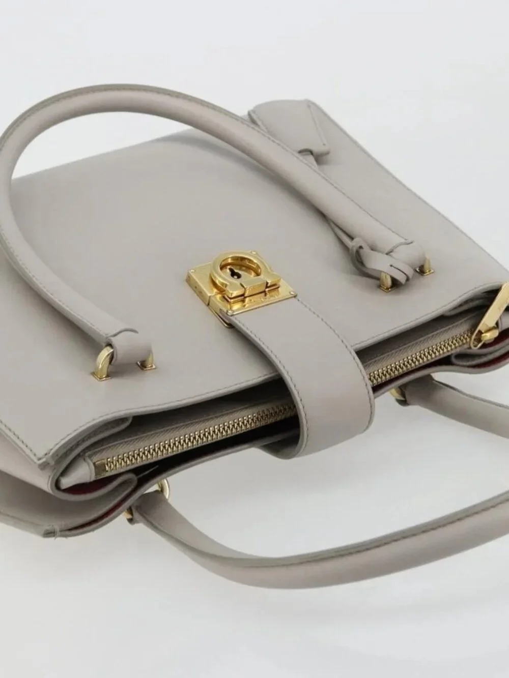 Salvatore Ferragamo Gancini Hand Bag Leather Gray Gold Auth 181831A